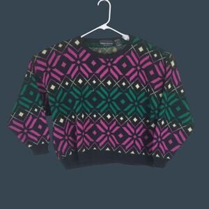 Women's Marisa Baroni Black Sweater With Pink & Green Geometric Pattern Large